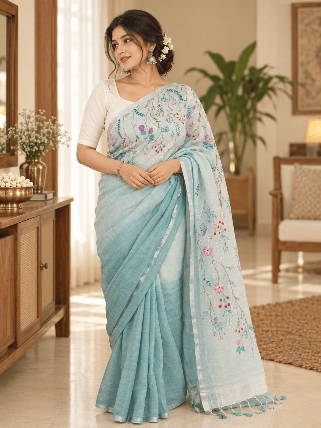 Limited Edit Embroidered Linen Saree | Green