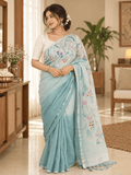 Limited Edit Embroidered Linen Saree | Green