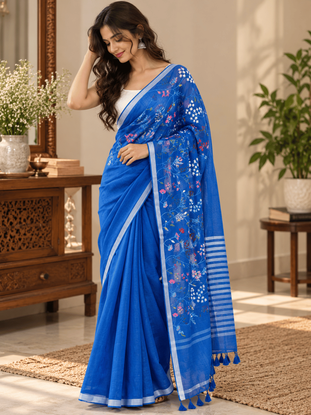 Limited Edit Embroidered Linen Saree | Blue