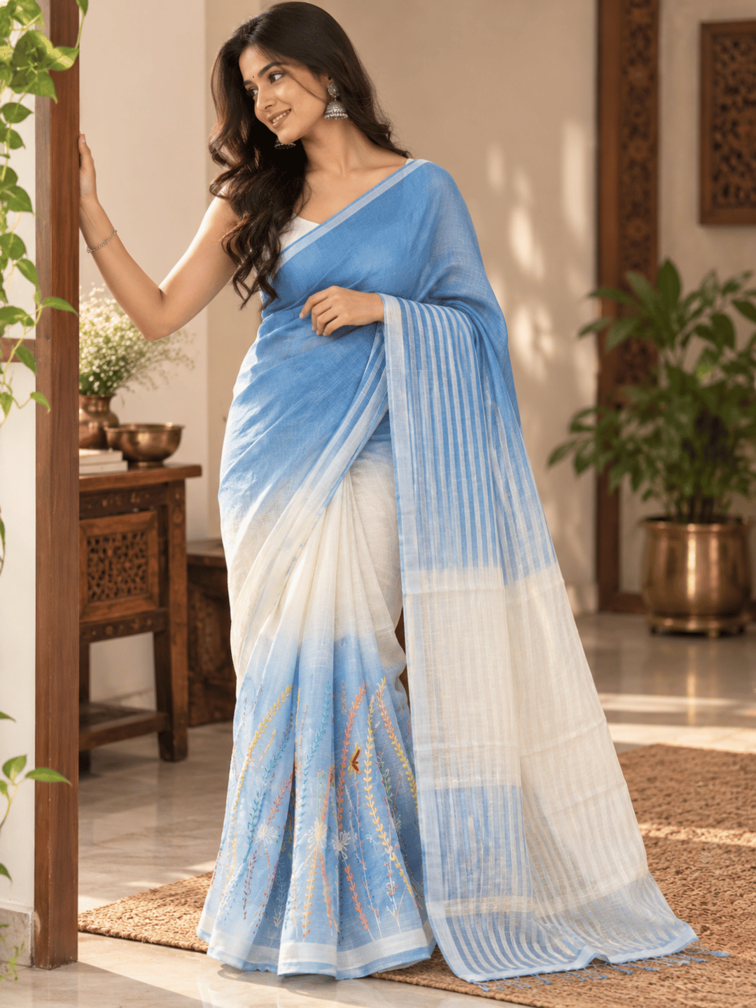 Limited Edit Embroidered Linen Saree | Blue