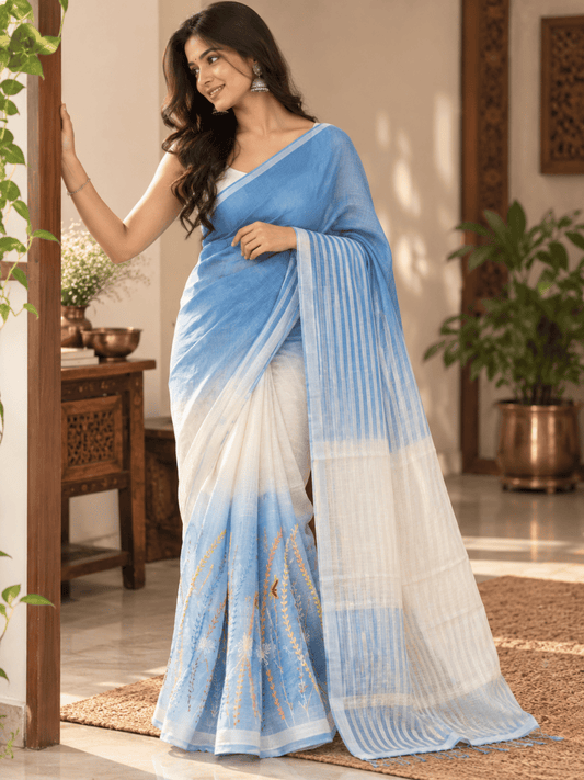 Limited Edit Embroidered Linen Saree | Blue