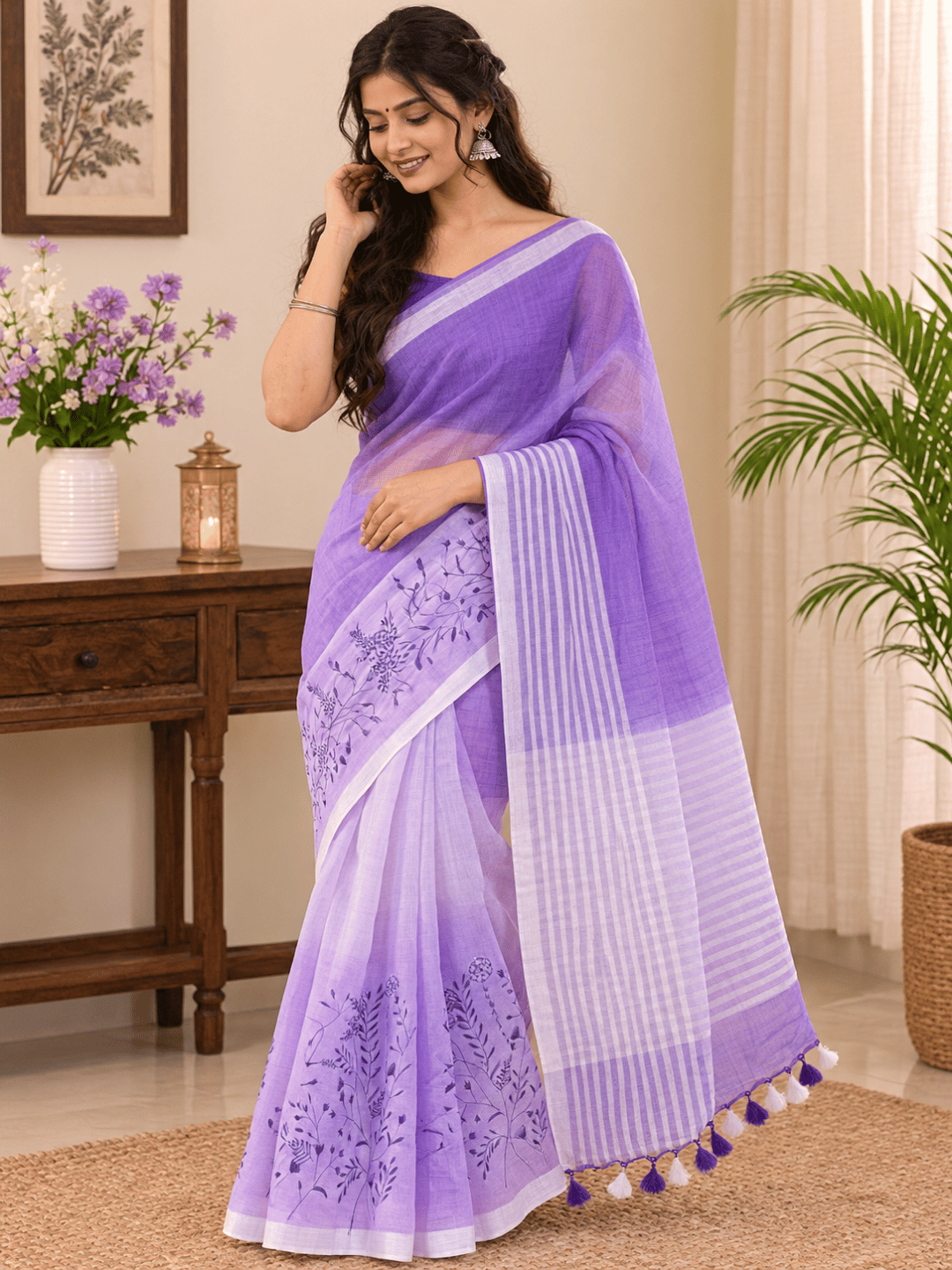 Limited Edit Embroidered Linen Saree | Purple
