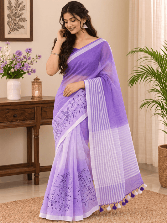 Limited Edit Embroidered Linen Saree | Purple