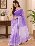 Limited Edit Embroidered Linen Saree | Purple