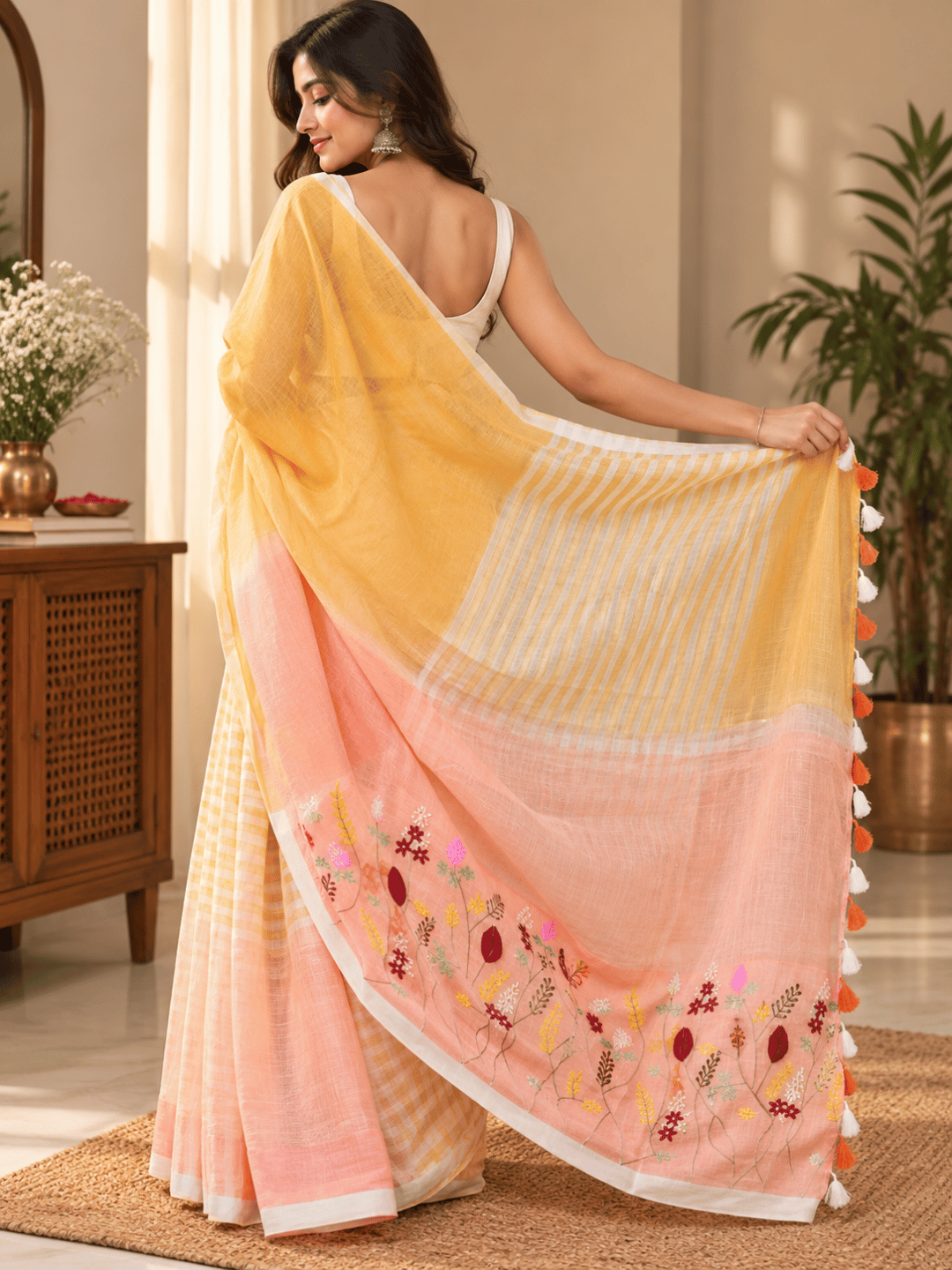 Limited Edit Embroidered Linen Saree | Yellow