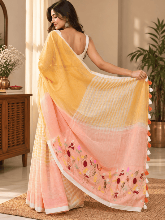 Limited Edit Embroidered Linen Saree | Yellow