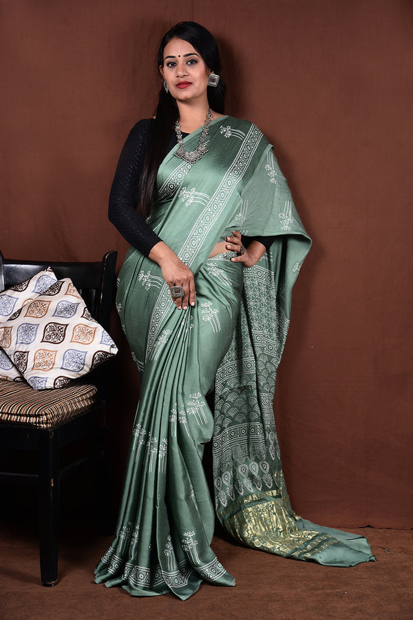 Ajrakh Hand Block Printed Modal Saree With Tassels-AHJ-014