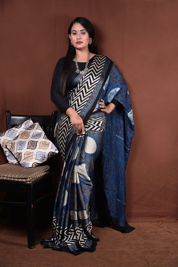 Ajrakh Hand Block Printed Modal Saree With Tassels-AHJ-013