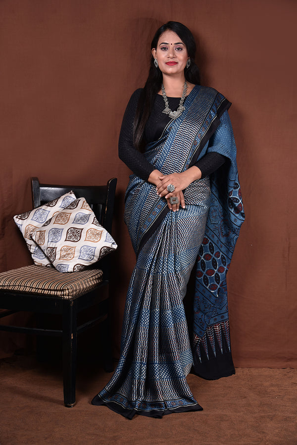 Ajrakh Hand Block Printed Modal Saree With Tassels-AHJ-012