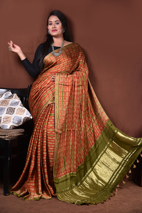 Ajrakh Hand Block Printed Modal Saree With Tassels-AHJ-009