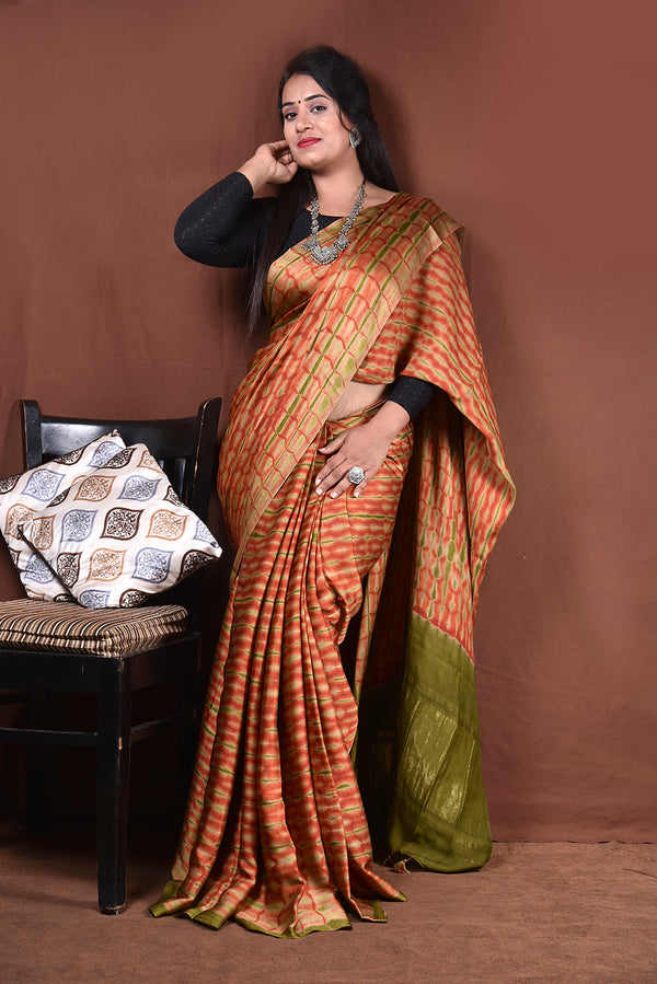 Ajrakh Hand Block Printed Modal Saree With Tassels-AHJ-009