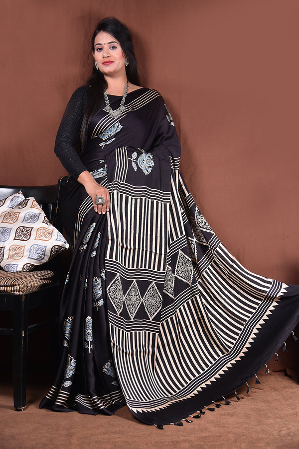 Ajrakh Hand Block Printed Modal Saree With Tassels-AHJ-008