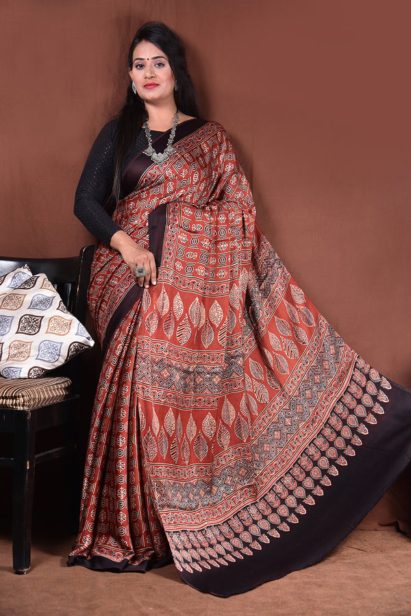 Ajrakh Hand Block Printed Modal Saree With Tassels-AHJ-007