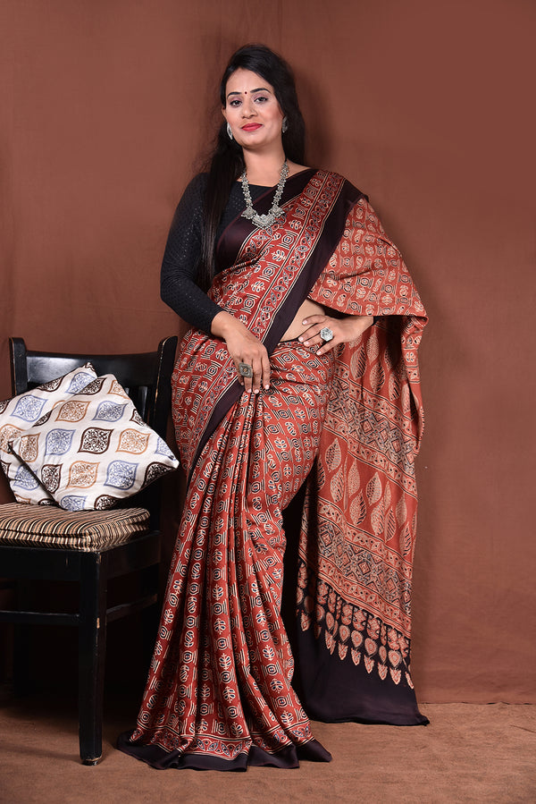 Ajrakh Hand Block Printed Modal Saree With Tassels-AHJ-007