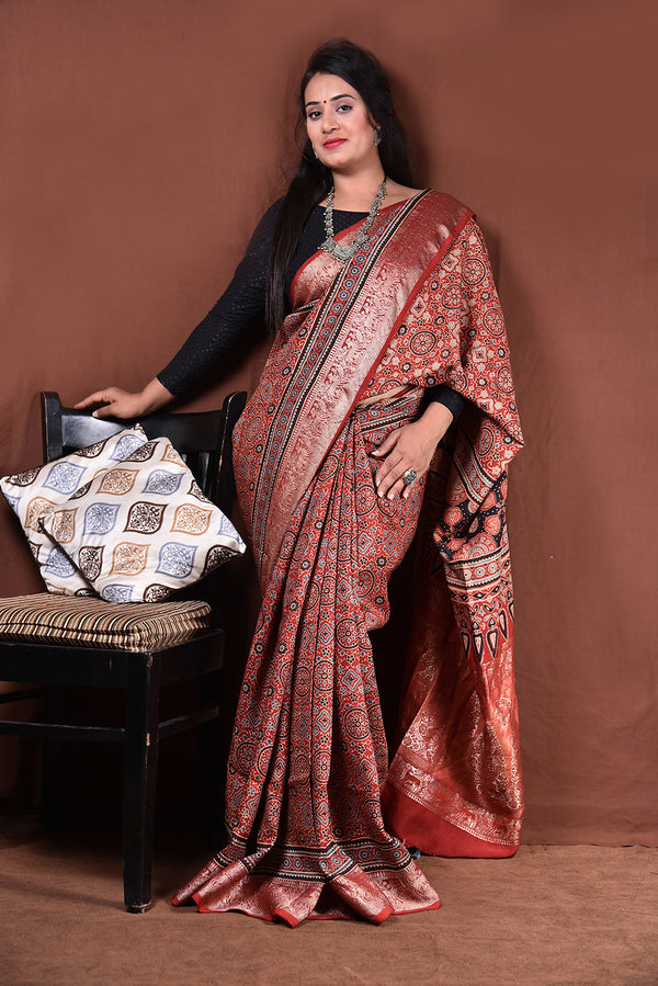 Ajrakh Hand Block Printed Modal Saree With Tassels-AHJ-005