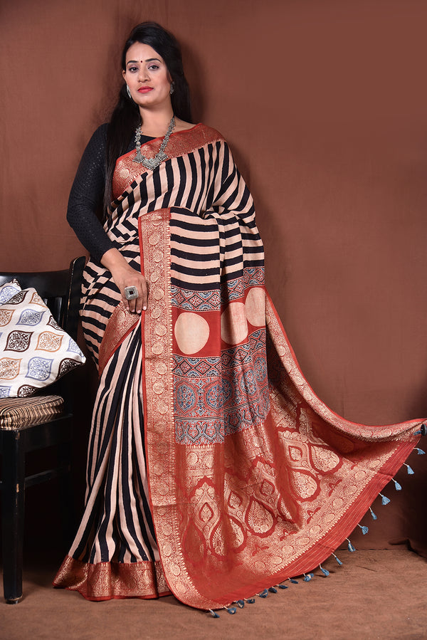 Ajrakh Hand Block Printed Modal Saree With Tassels-AHJ-004