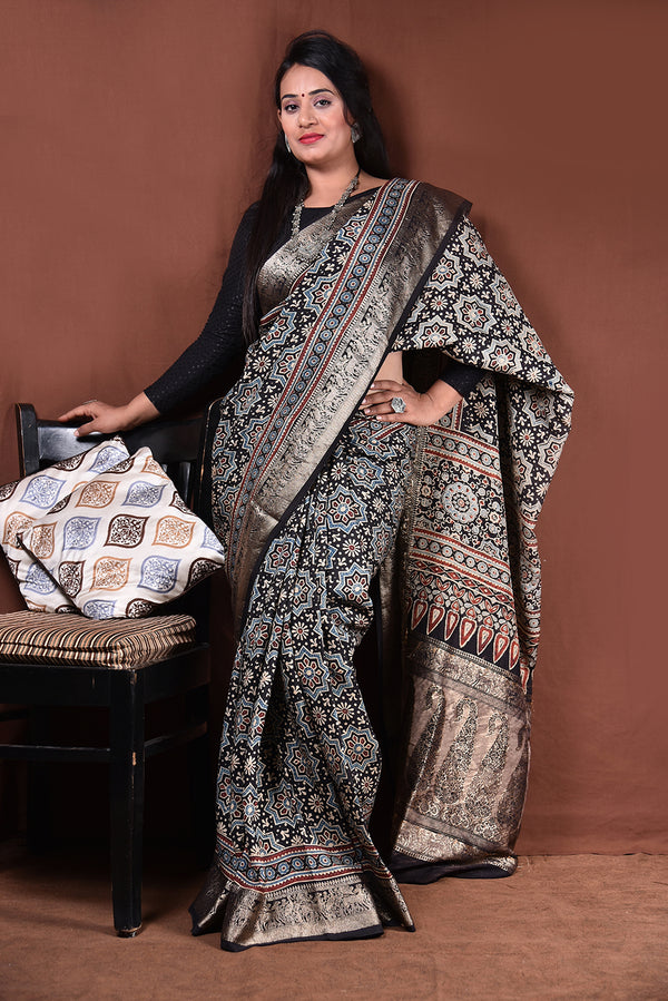 Ajrakh Hand Block Printed Modal Saree With Tassels-AHJ-003