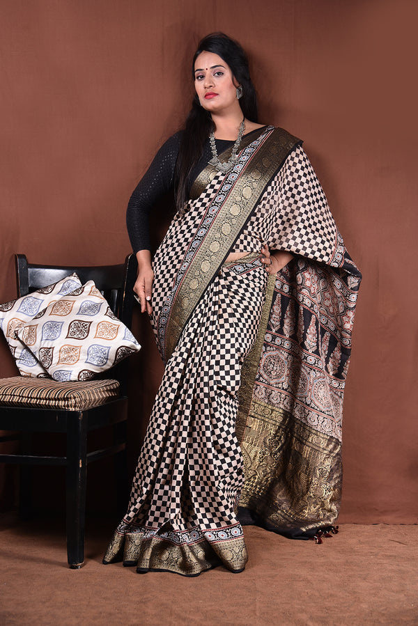 Ajrakh Hand Block Printed Modal Saree With Tassels-AHJ-002