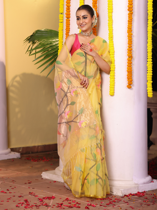 Handwoven Pure Jamdani Cotton Saree  |  Honey Yellow