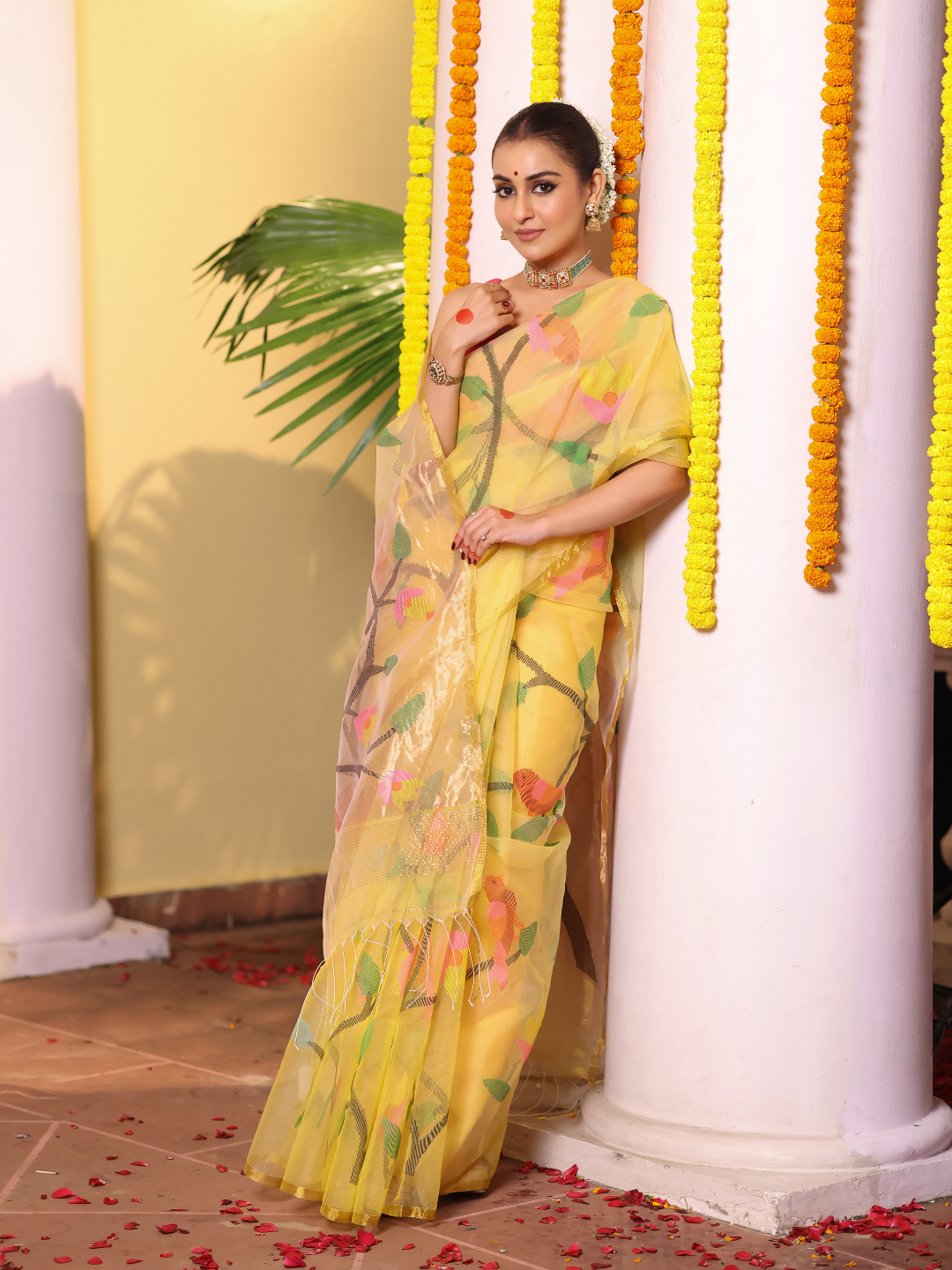 Tissue Muslin Jamdani Saree With Golden Yellow - 108