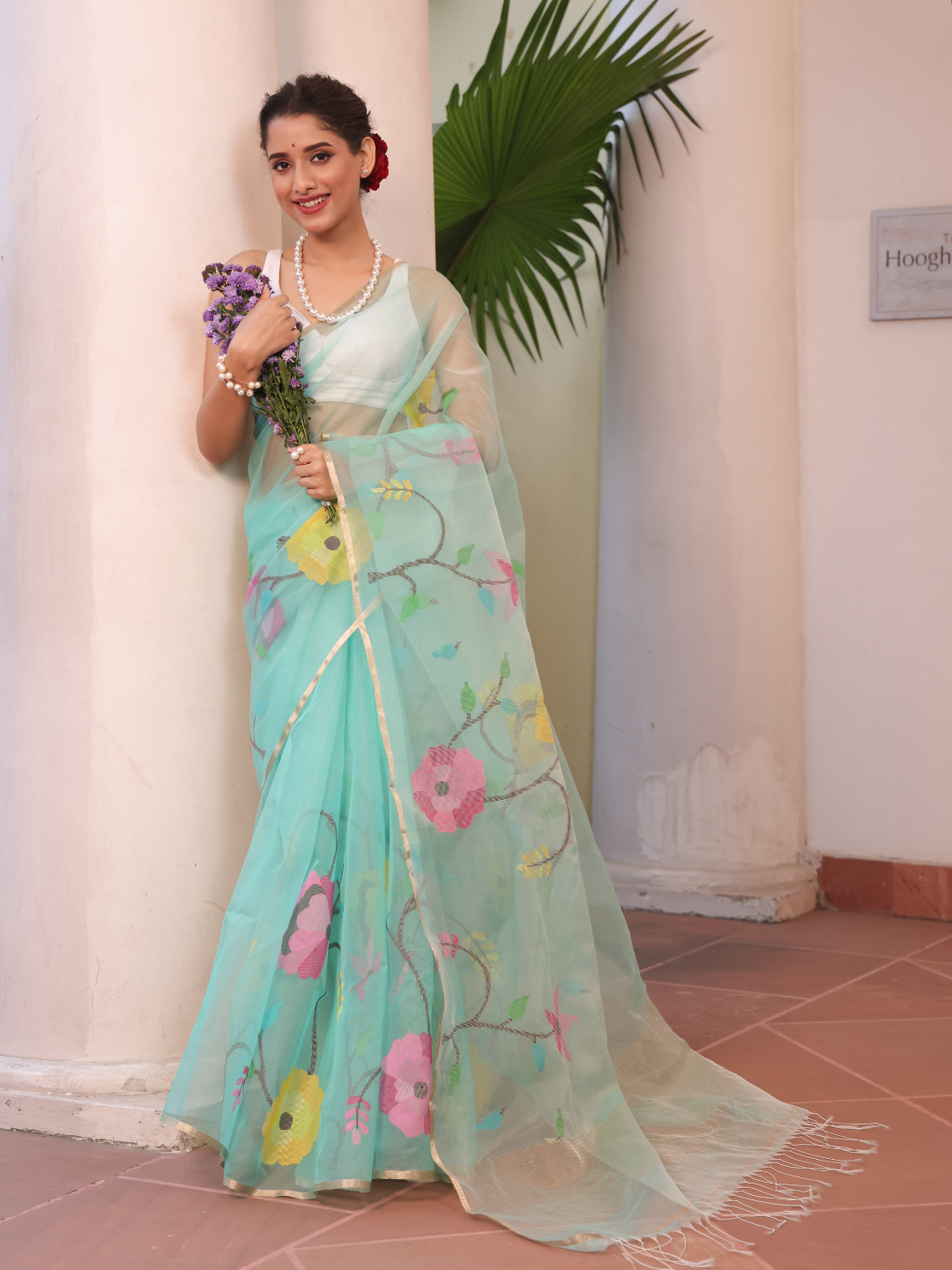 Handwoven Pure Jamdani Muslin Saree  |  Seafoam Teal