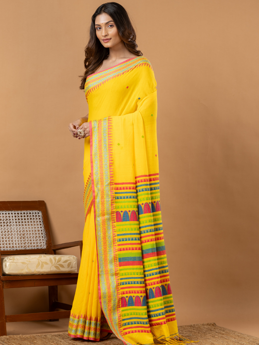 Pure Handloom Cotton Saree | Bright Yellow