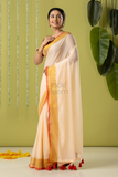 Pure Handloom Cotton Saree | White and Gold | Plain Body with Ribbon border
