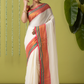 Pure Handloom Cotton Saree | White and Red | Plain Body with Ribbon border