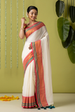 Pure Handloom Cotton Saree | White and Red | Plain Body with Ribbon border