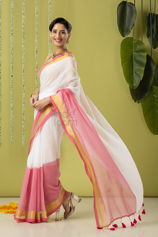 Pure Handloom Cotton Saree | White and Pink | Plain Body with Ribbon border