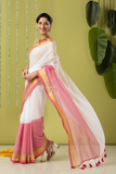 Pure Handloom Cotton Saree | White and Pink | Plain Body with Ribbon border