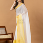 Pure Handloom Cotton Saree | White and Yellow | Plain Body with Ribbon border