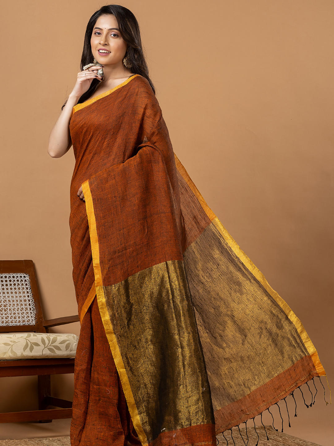 Pure Handloom Linen Saree | Rust Brown