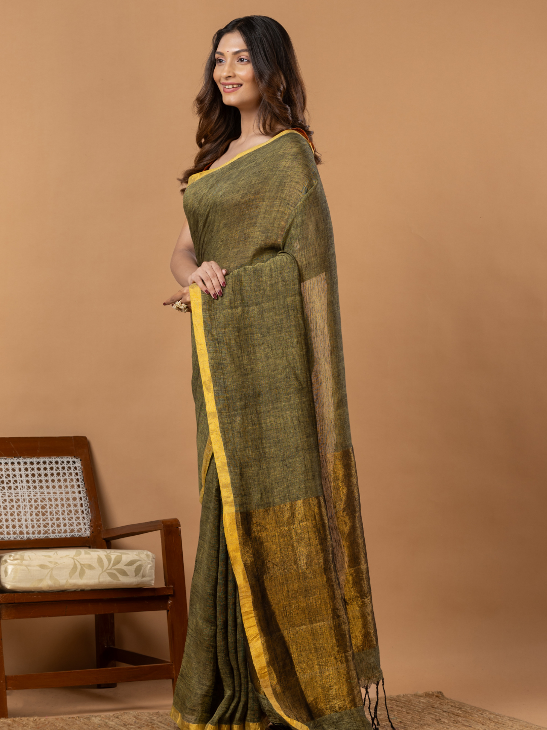 Pure Handloom Linen Saree | Olive Brown