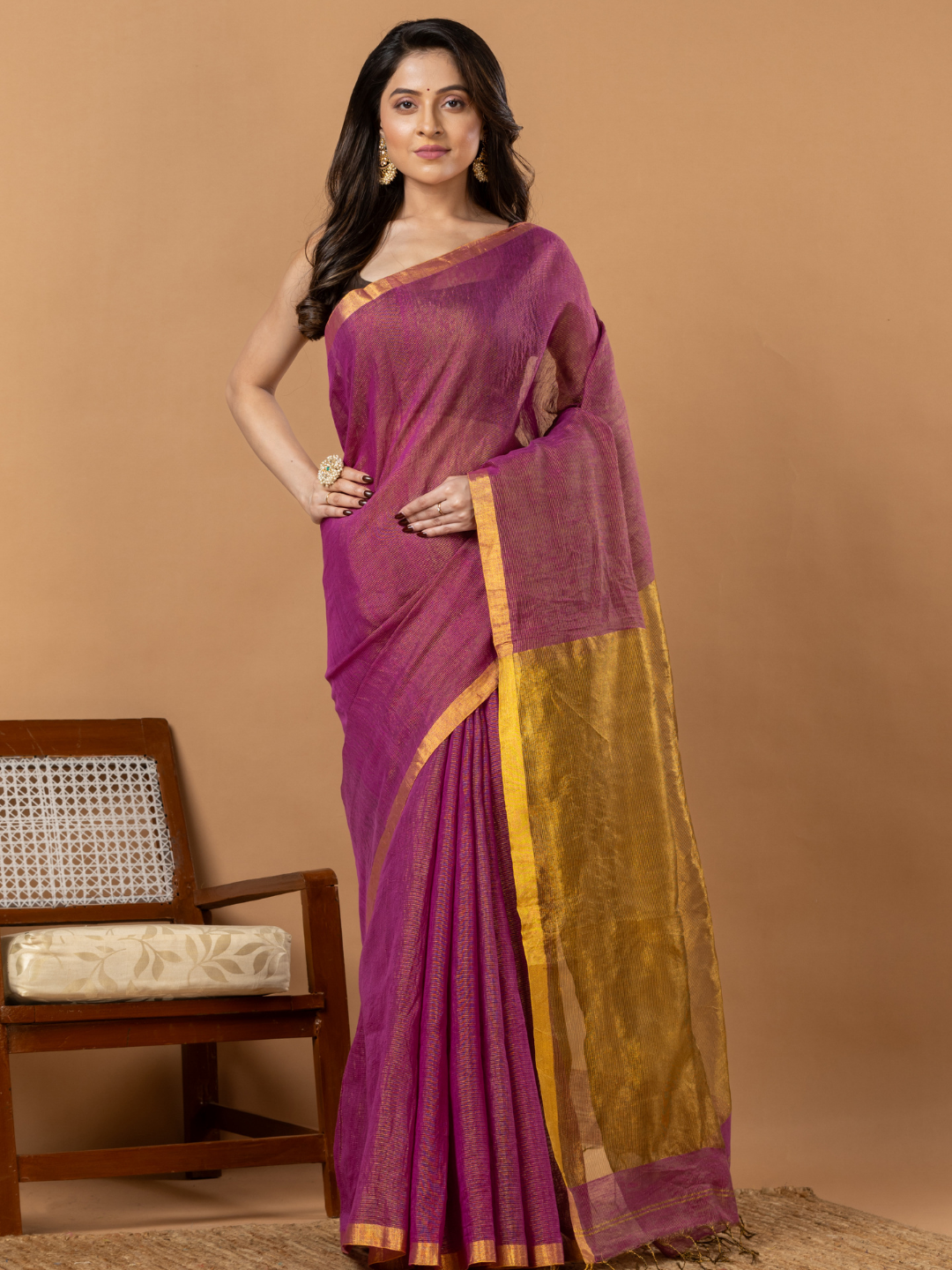 Pure Handloom Linen Saree | Deep Purple