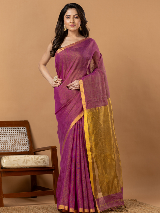 Pure Handloom Linen Saree | Deep Purple