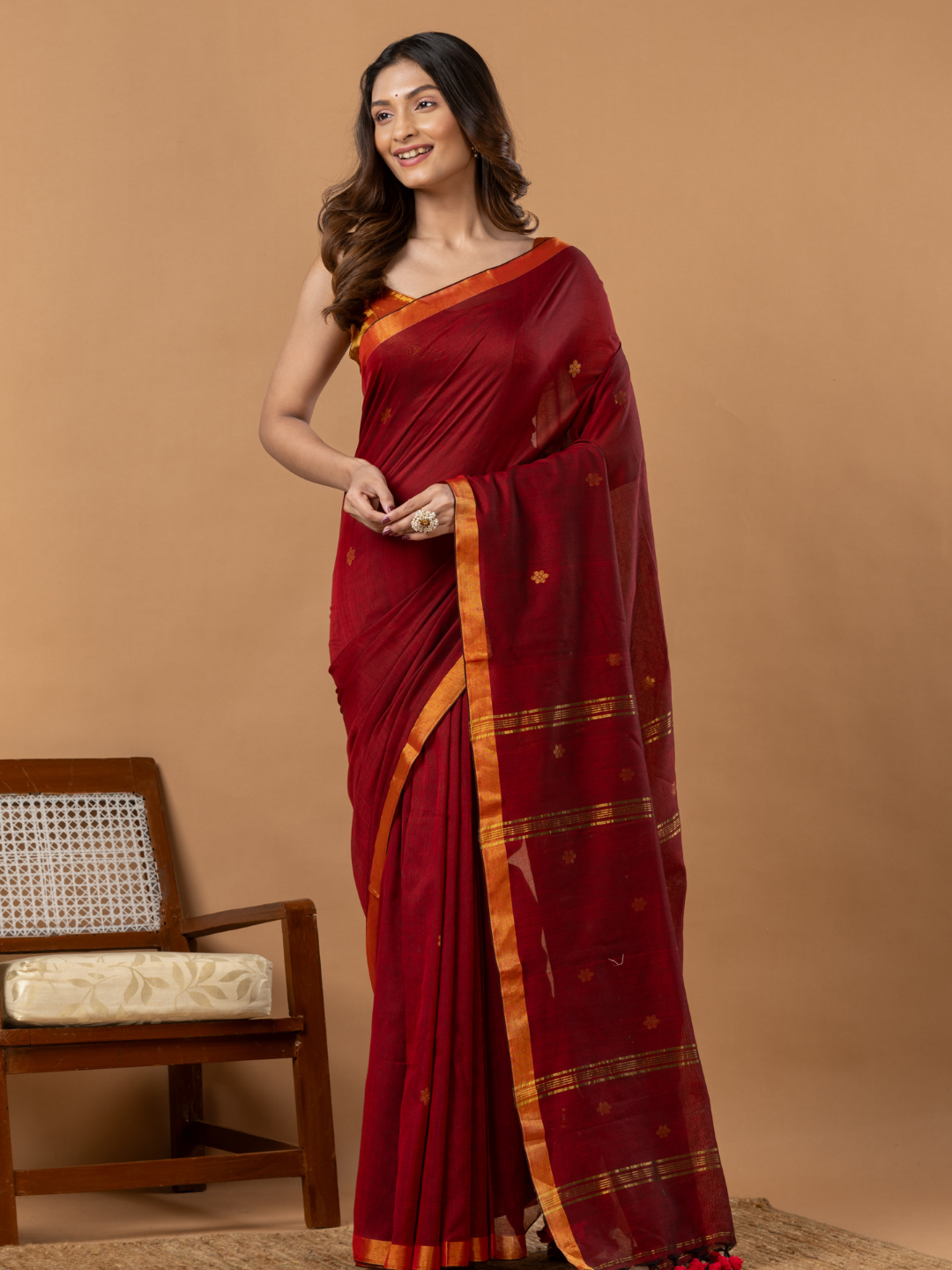 Pure Handloom Linen Saree | Deep Red