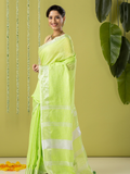 Pure Handloom Linen Saree | Lime Green