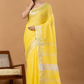 Pure Handloom Linen Saree | Yellow and White | Plain Body with Ribbon border