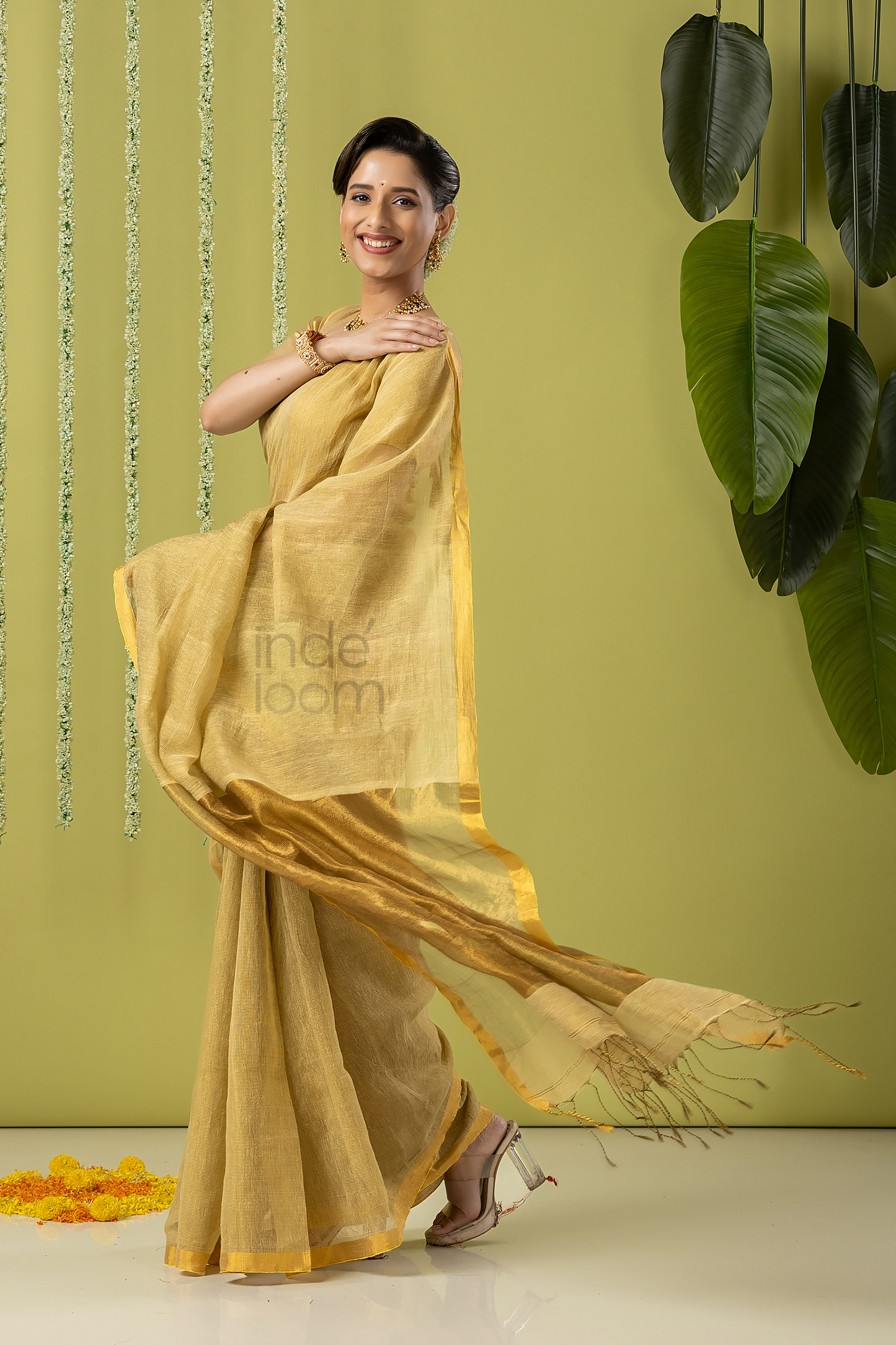 Pure Handloom Linen Saree | Khaki | Plain Body with Ribbon border