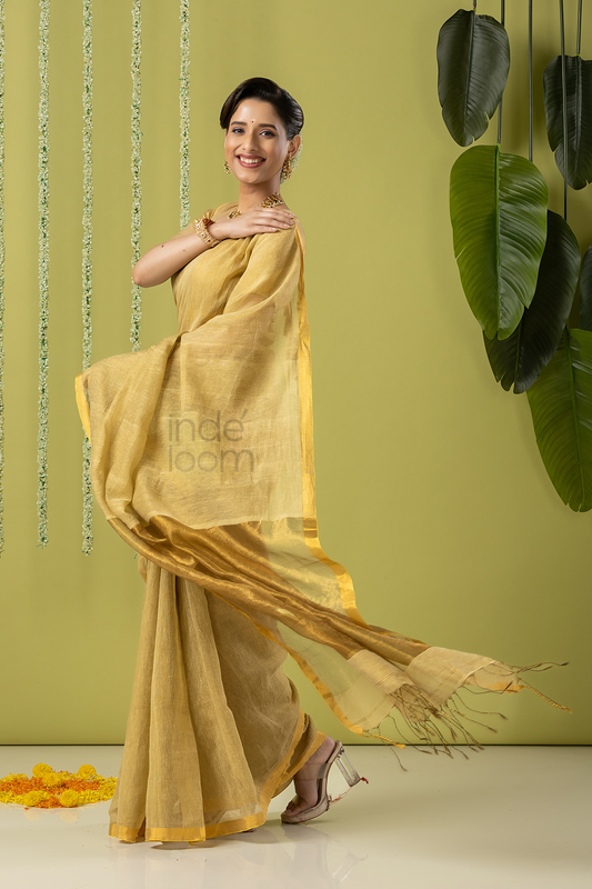 Pure Handloom Linen Saree | Khaki | Plain Body with Ribbon border