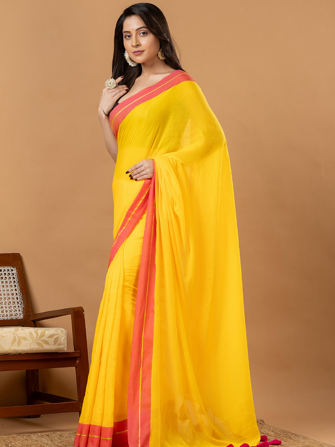 Pure Handloom Mul Cotton Saree | Bright Yellow