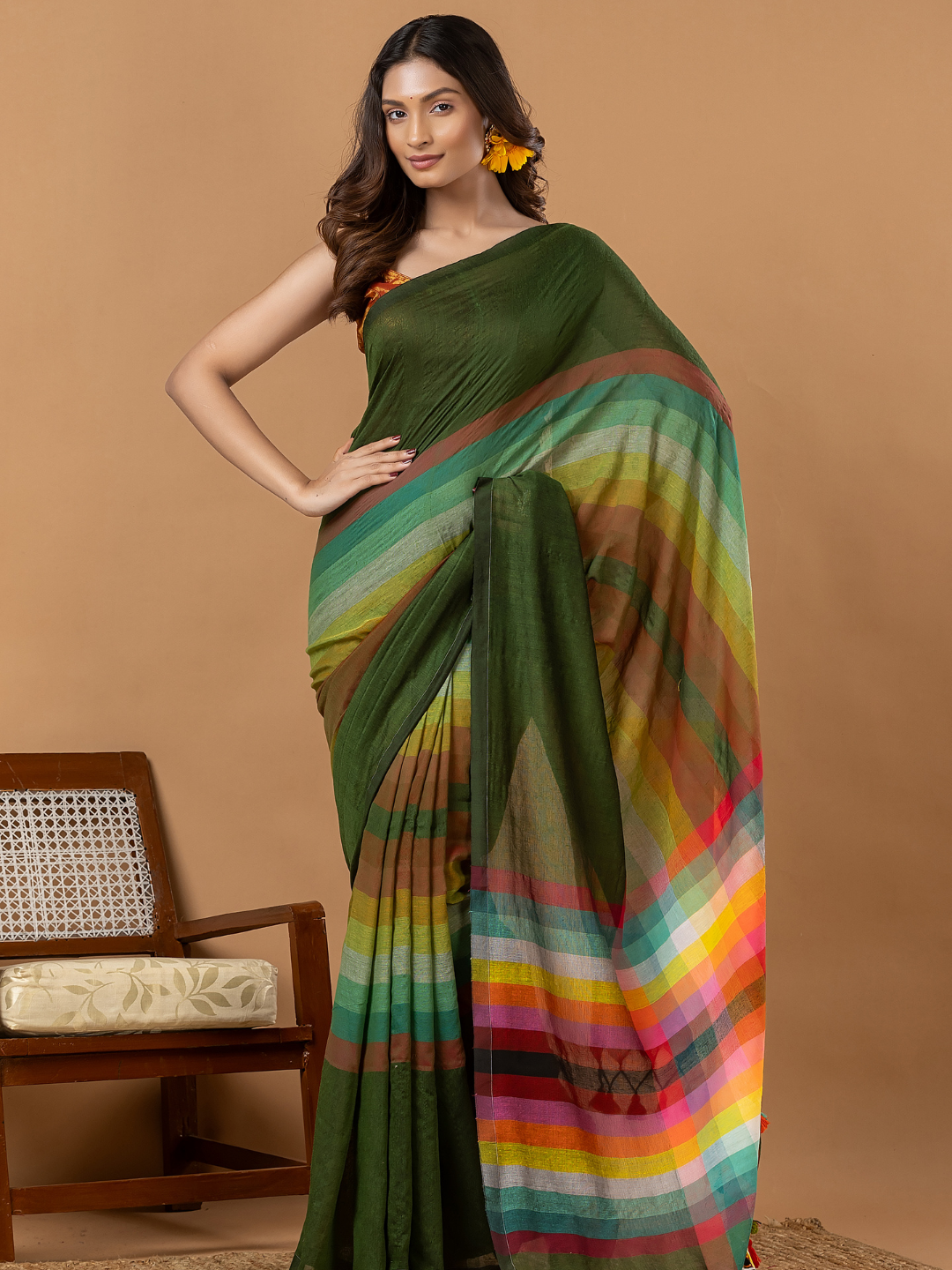 Pure Handloom Mul Cotton Saree | Forest Green