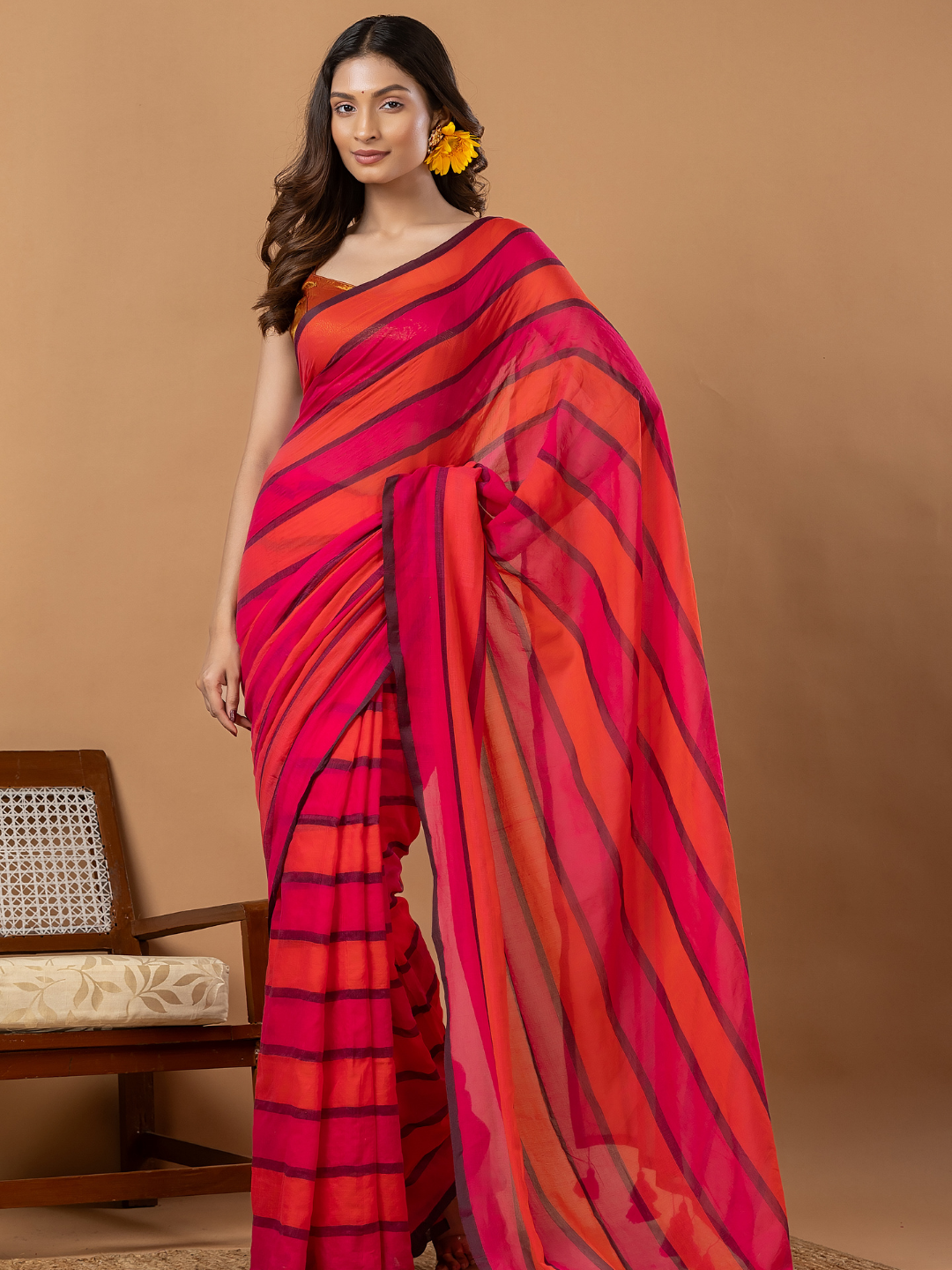 Pure Handloom Mul Cotton Saree | Hot Pink And Magenta Stripes