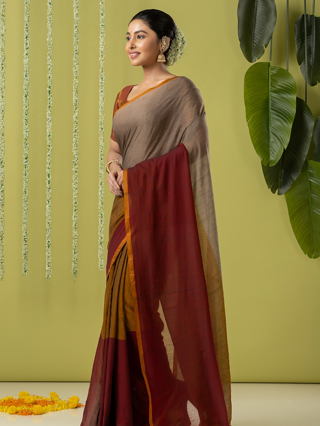 Pure Handloom Mul Cotton Saree | Taupe Brown