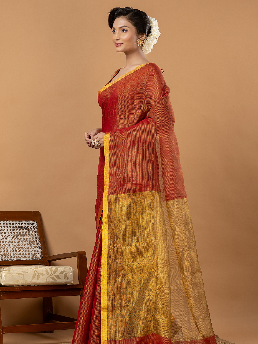 Pure Handloom Silk Tissue Linen Saree | Rust Orange
