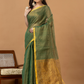Pure Handloom Silk Tissue Linen Saree | Olive Green