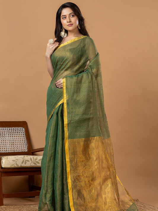 Pure Handloom Silk Tissue Linen Saree | Olive Green