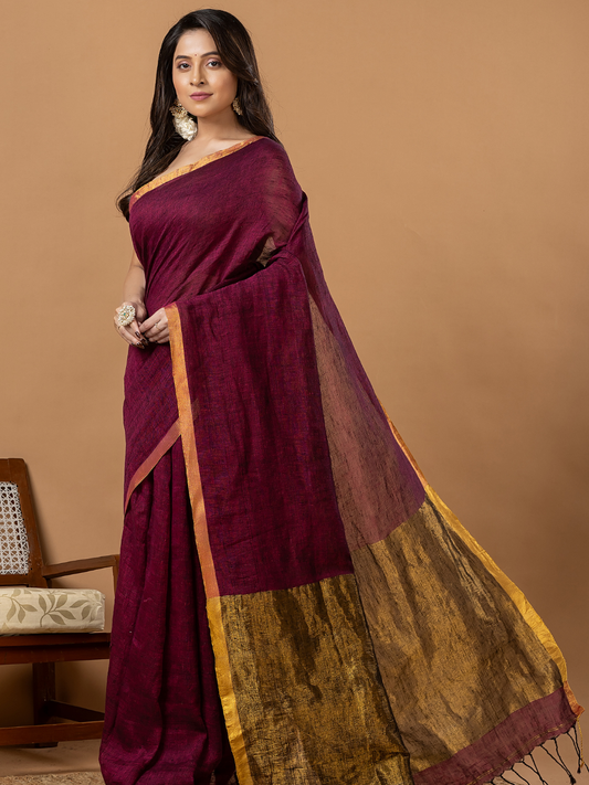 Pure Handloom Silk Tissue Linen Saree | Deep Wine