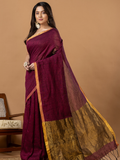 Pure Handloom Silk Tissue Linen Saree | Deep Wine